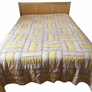 VTG Handmade Rail Fence Quilt Queen Butter Yellow Patchwork Cottagecore